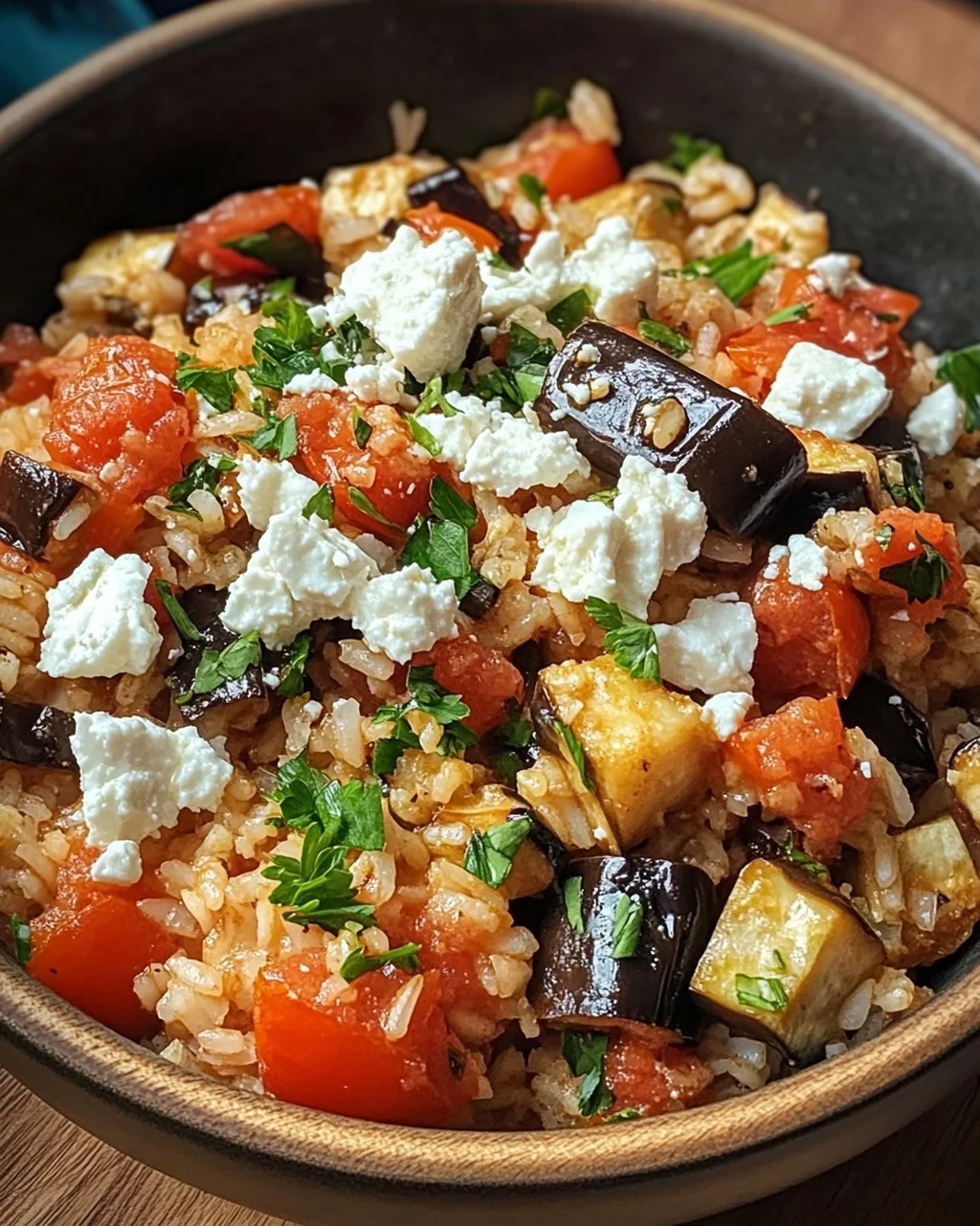 Auberginen-Reispfanne mit Feta