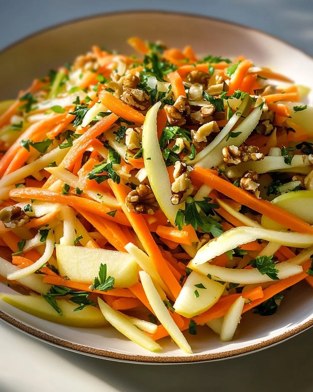 Kohlrabi Karotten Apfel Salat mit Nüssen & frischen Kräutern