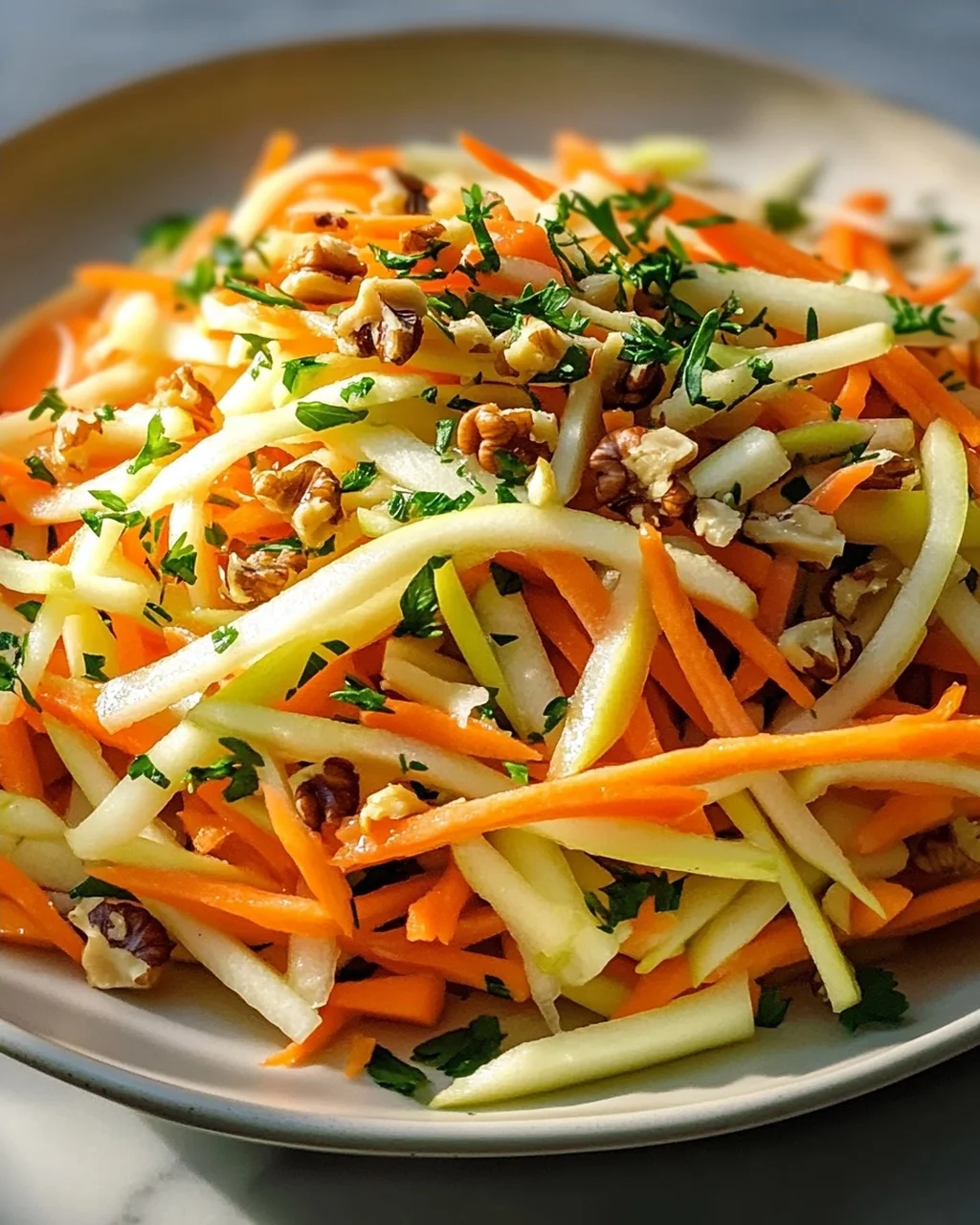 Kohlrabi Karotten Apfel Salat mit Nüssen & frischen Kräutern