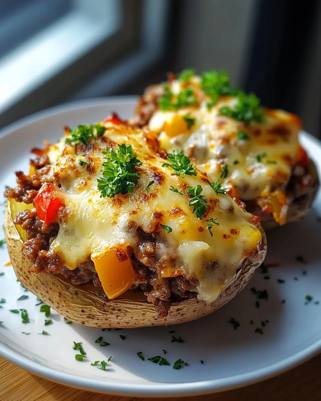 Ofenfrische Kartoffeln mit Hack und Käse