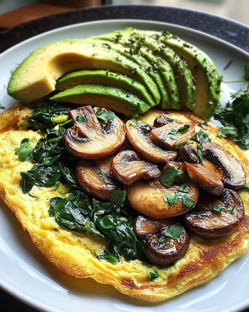 Omelett mit Pilzen, Spinat und Avocado
