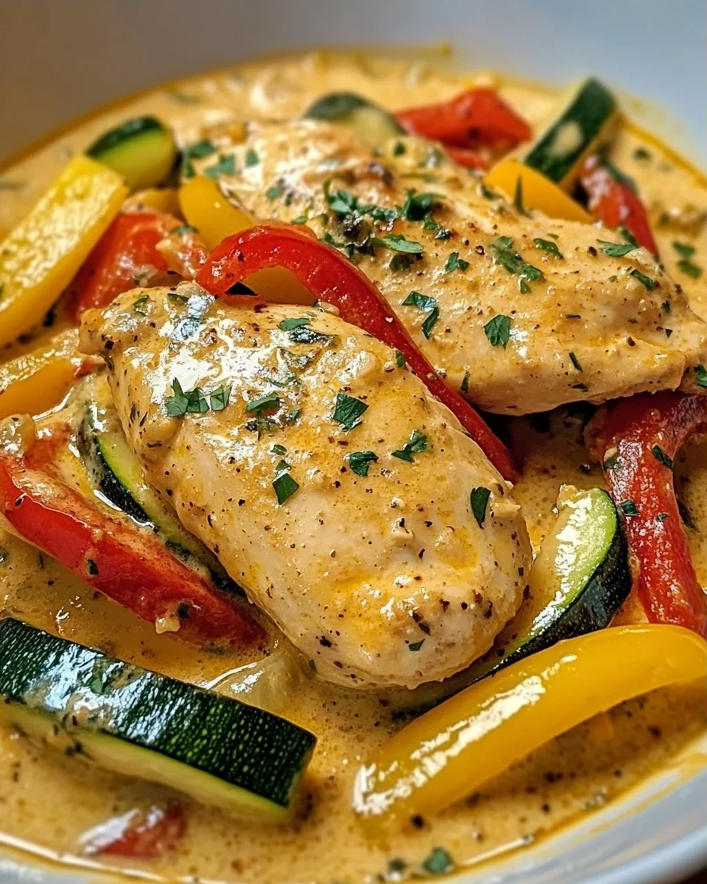 Sahne-Hähnchen mit Paprika und Zucchini – Genuss pur!