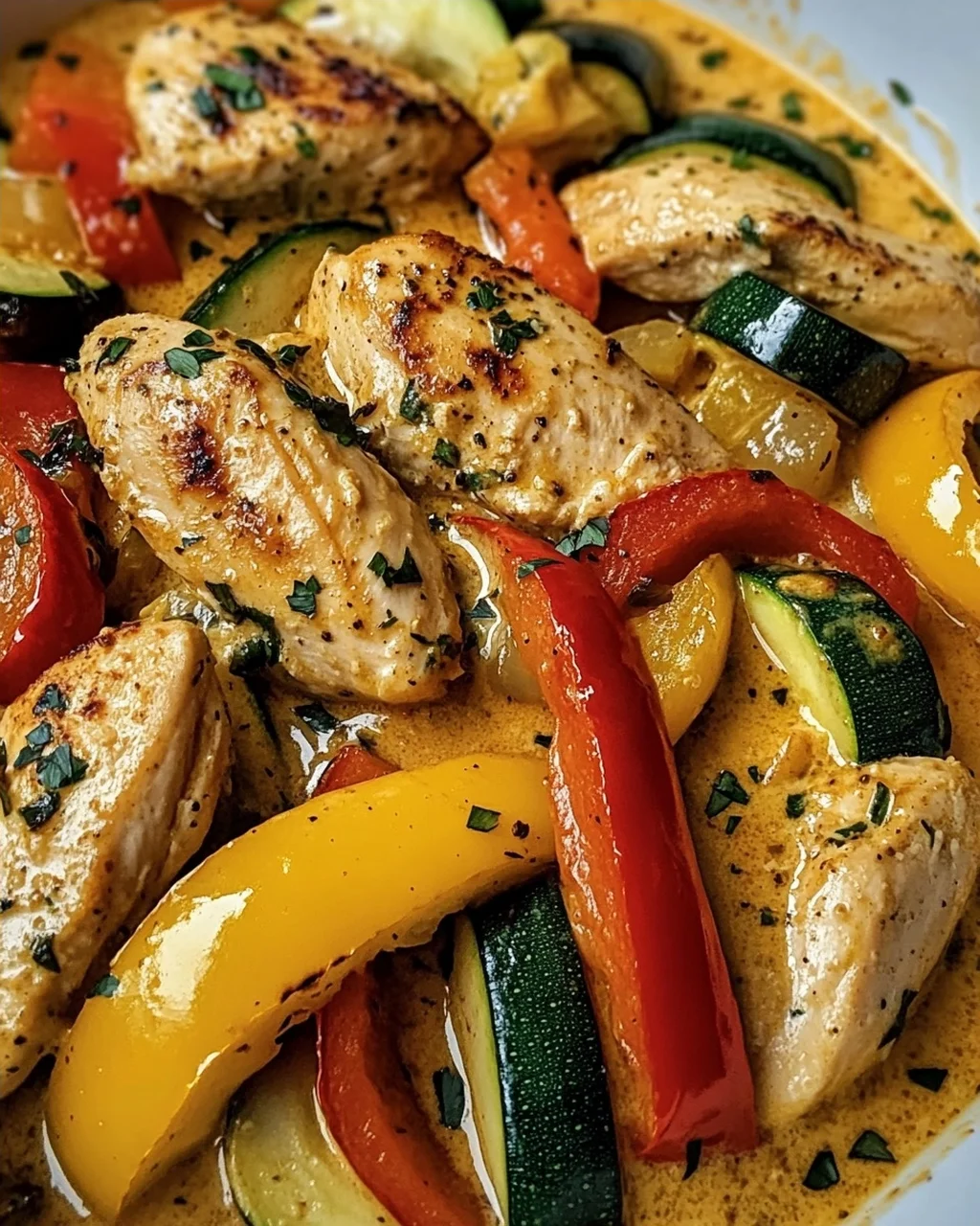 Sahne-Hähnchen mit Paprika und Zucchini – Genuss pur!