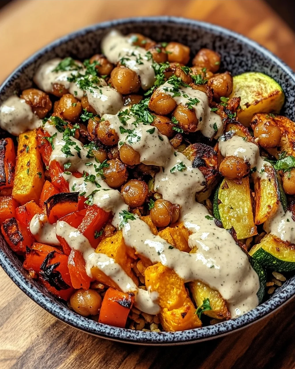 Bowl mit geröstetem Gemüse und Kichererbsen mit Tahini-Dressing