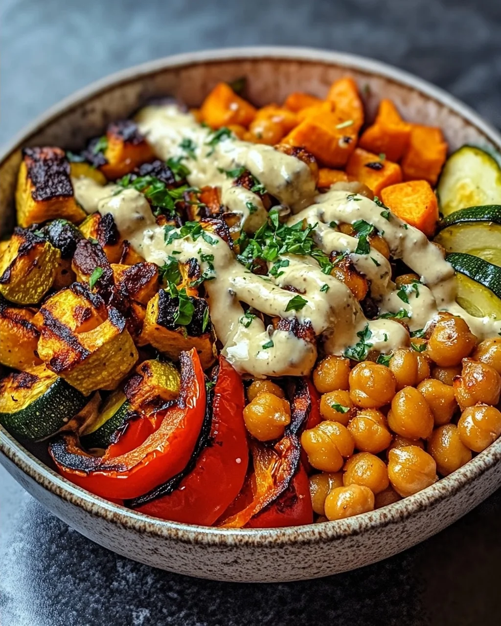 Bowl mit geröstetem Gemüse und Kichererbsen mit Tahini-Dressing