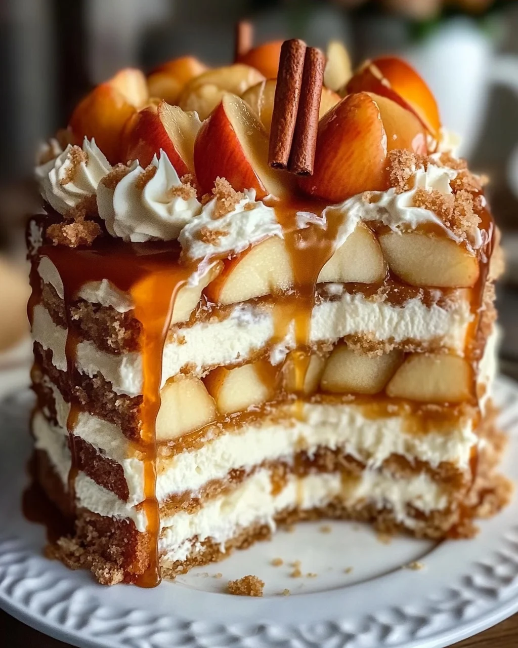 Bratapfeltorte mit Orangen-Zimt-Creme und Karamell-Drip
