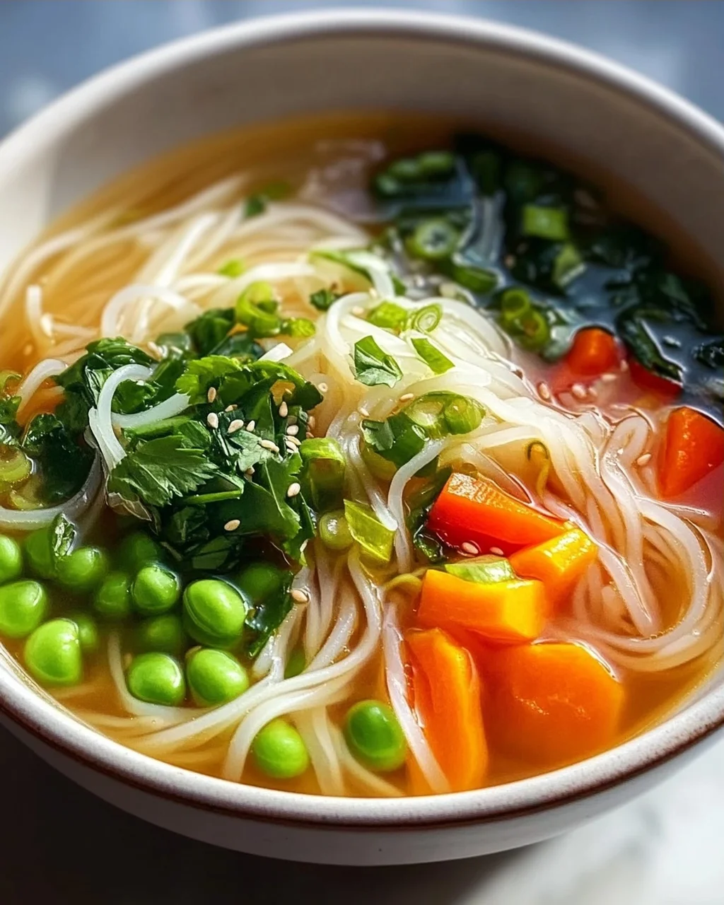 Clear Vegetable Broth with Rice Noodles – Enjoy a Delicious Soup!