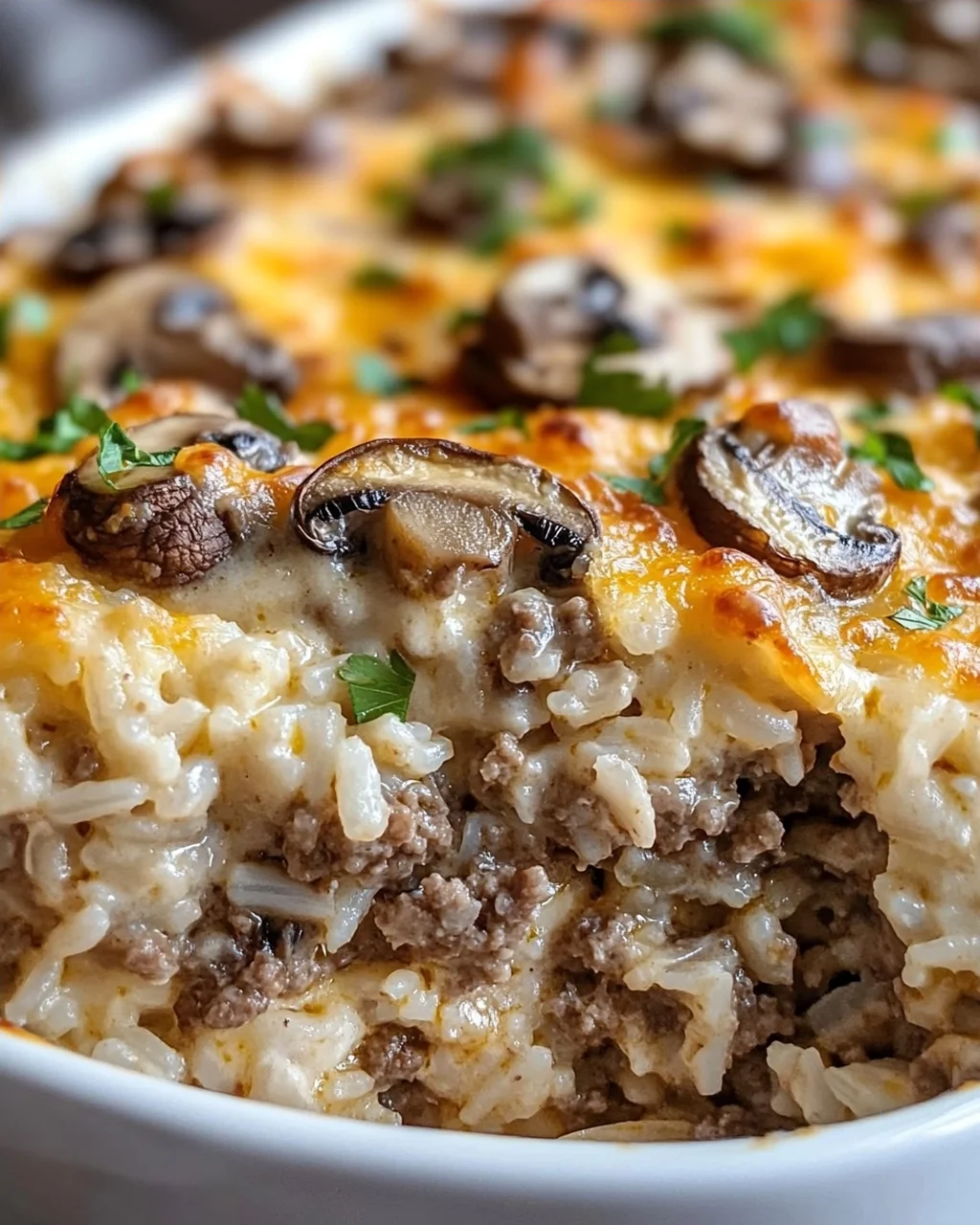Cremiger Rindfleisch-Reisauflauf mit Pilzen: Einfach & lecker