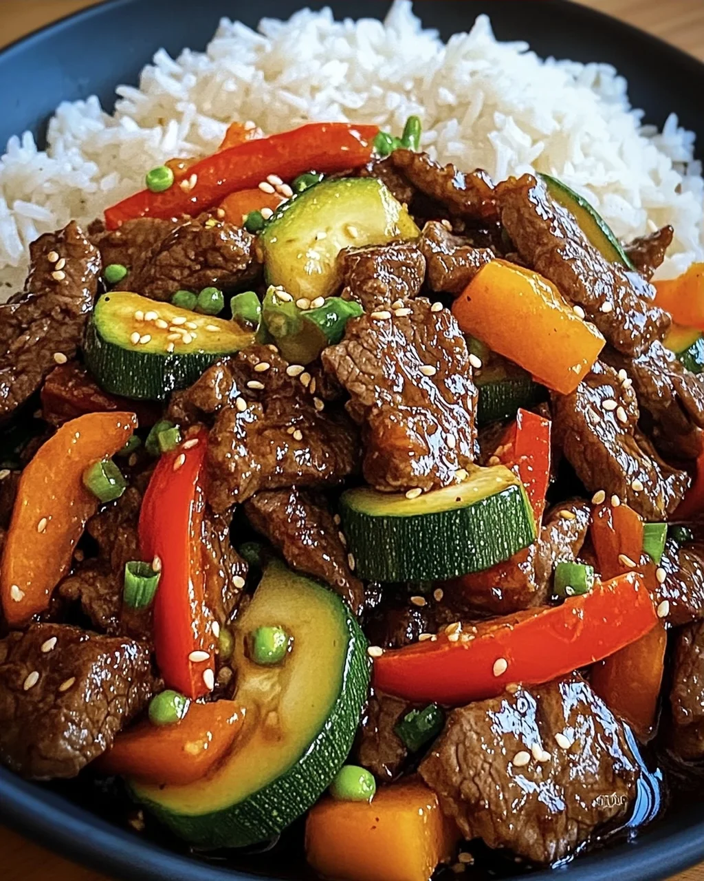 Ein Pfannengericht Teriyaki Rindfleisch mit Reis