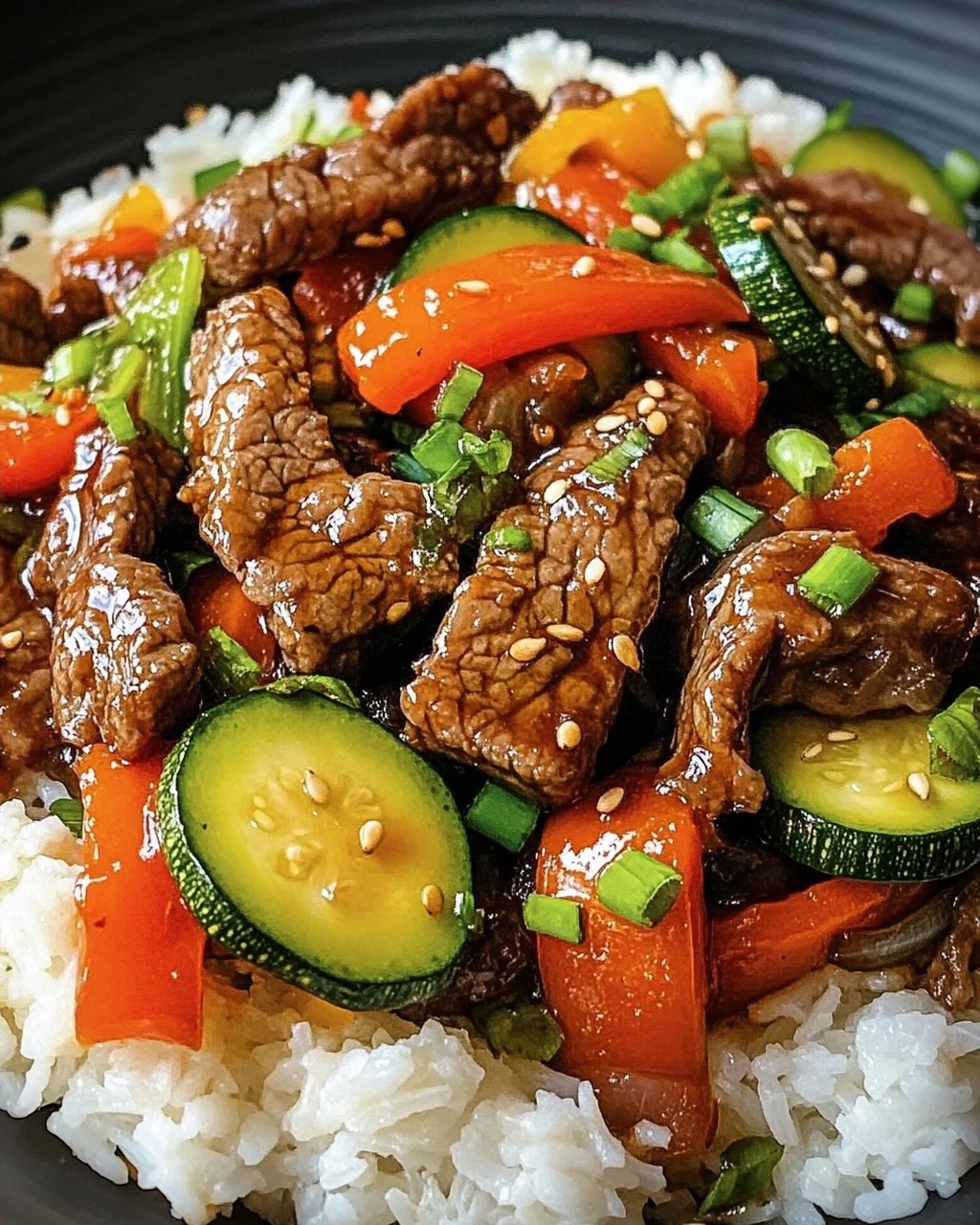 Ein Pfannengericht Teriyaki Rindfleisch mit Reis