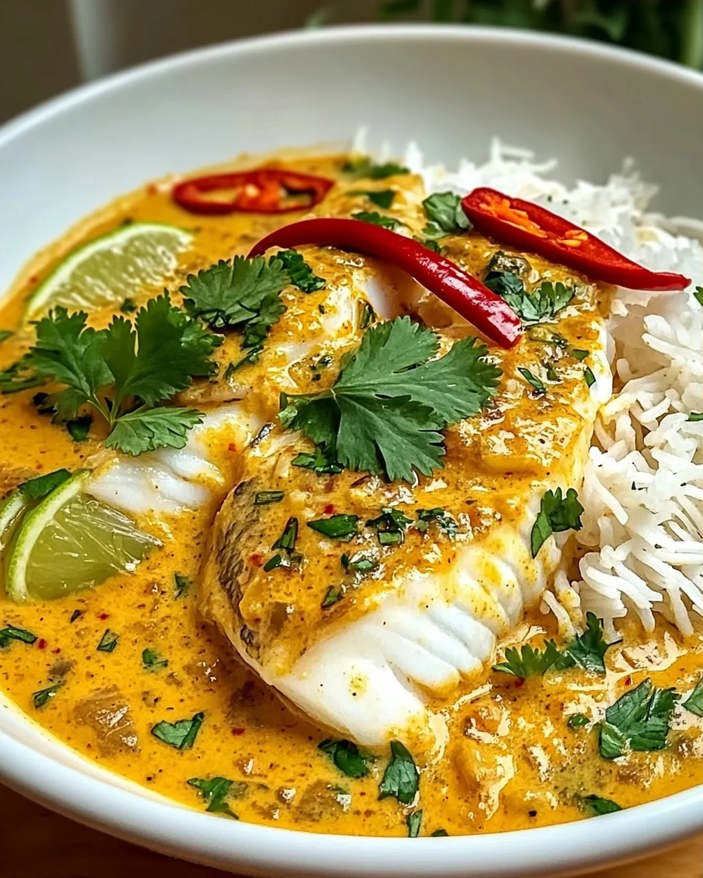 Einfaches Kokos-Limetten Fischcurry mit Jasminreis