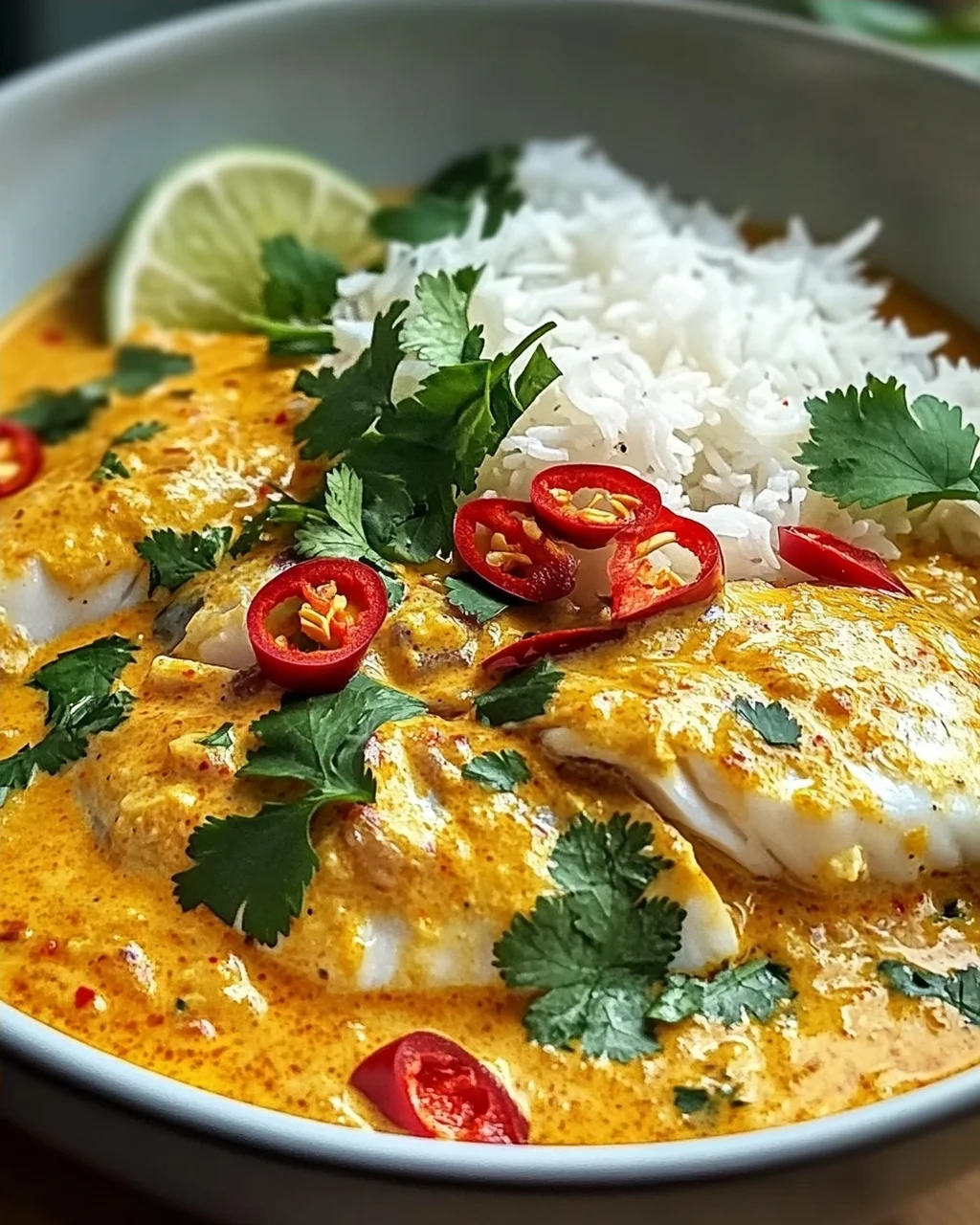Einfaches Kokos-Limetten Fischcurry mit Jasminreis
