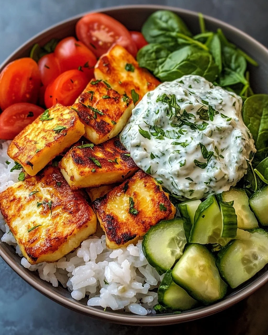 Halloumi Bowl mit Reis und Tzatziki – Lecker und Gesund!