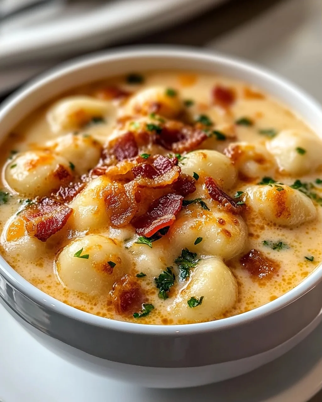 Herzhafte Rindfleisch Bacon Cheddar Gnocchi Suppe: Cremig und Sättigend