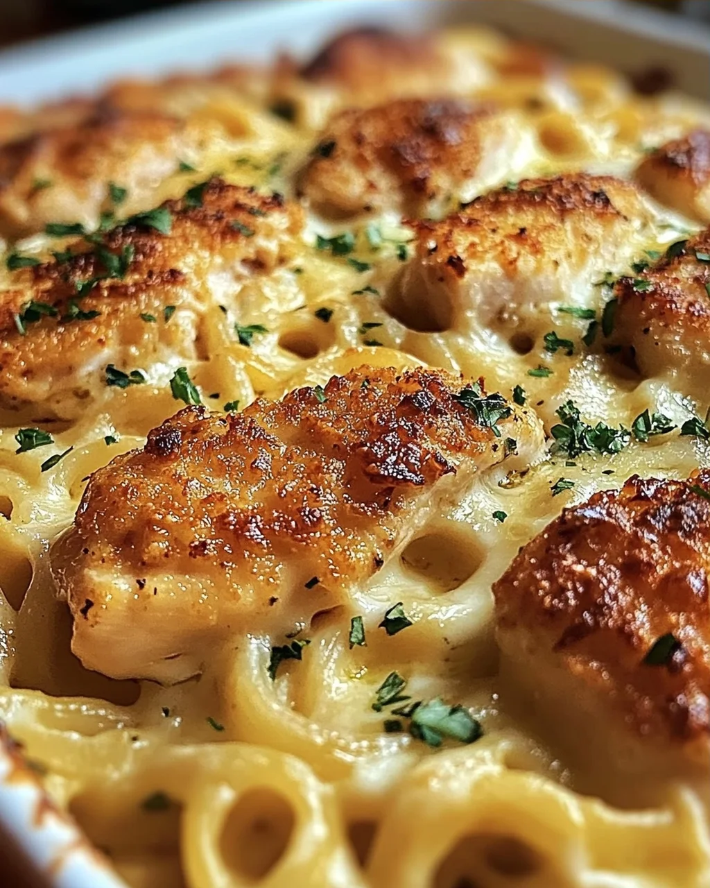 Knuspriger Nudel-Hähnchen-Auflauf mit Knoblauch und Parmesan