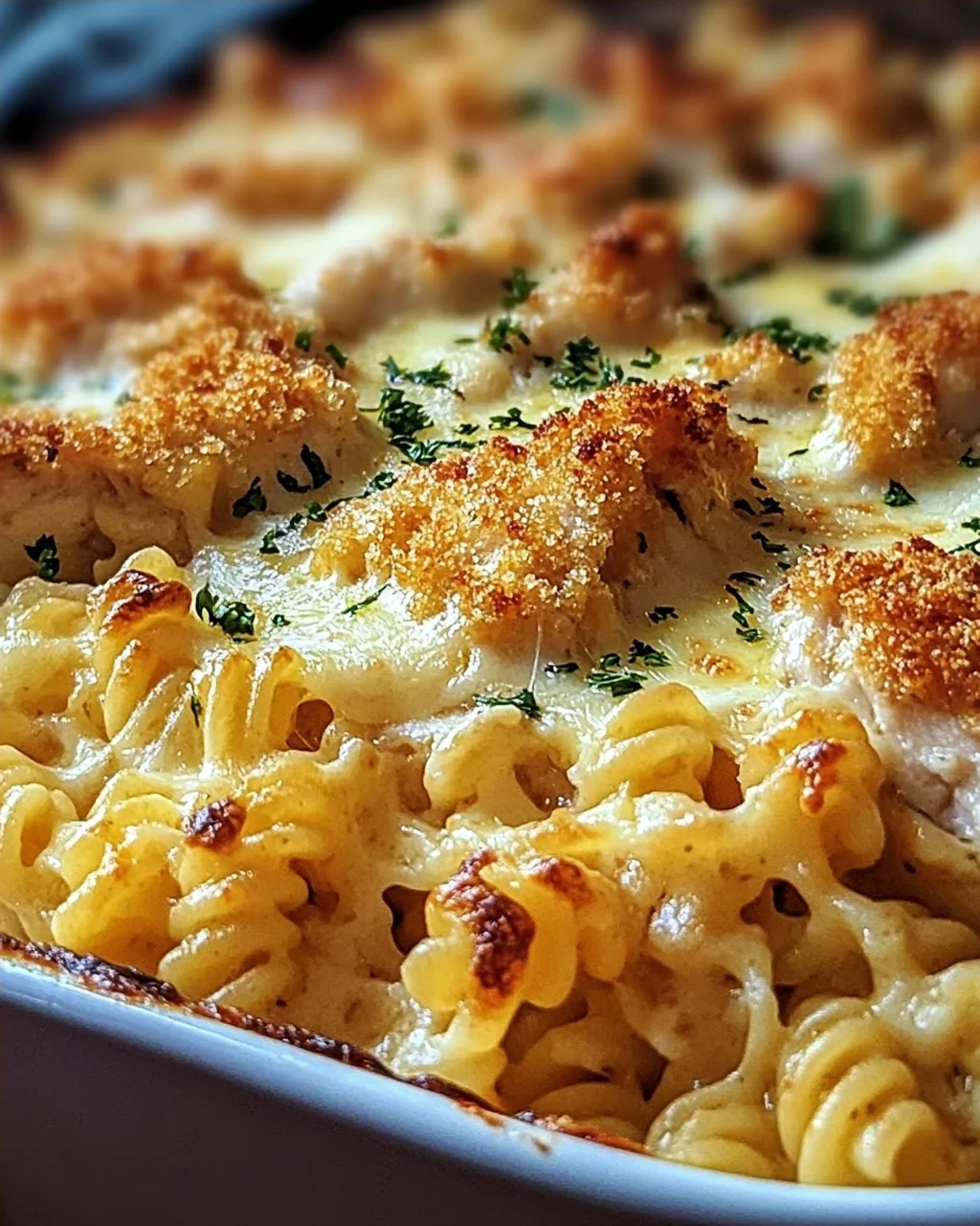 Knuspriger Nudel-Hähnchen-Auflauf mit Knoblauch und Parmesan