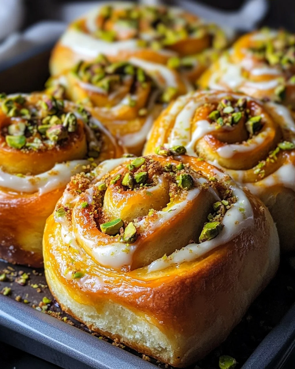 Lockere Pistazien-Heferollen mit Orangen-Frischkäse-Frosting