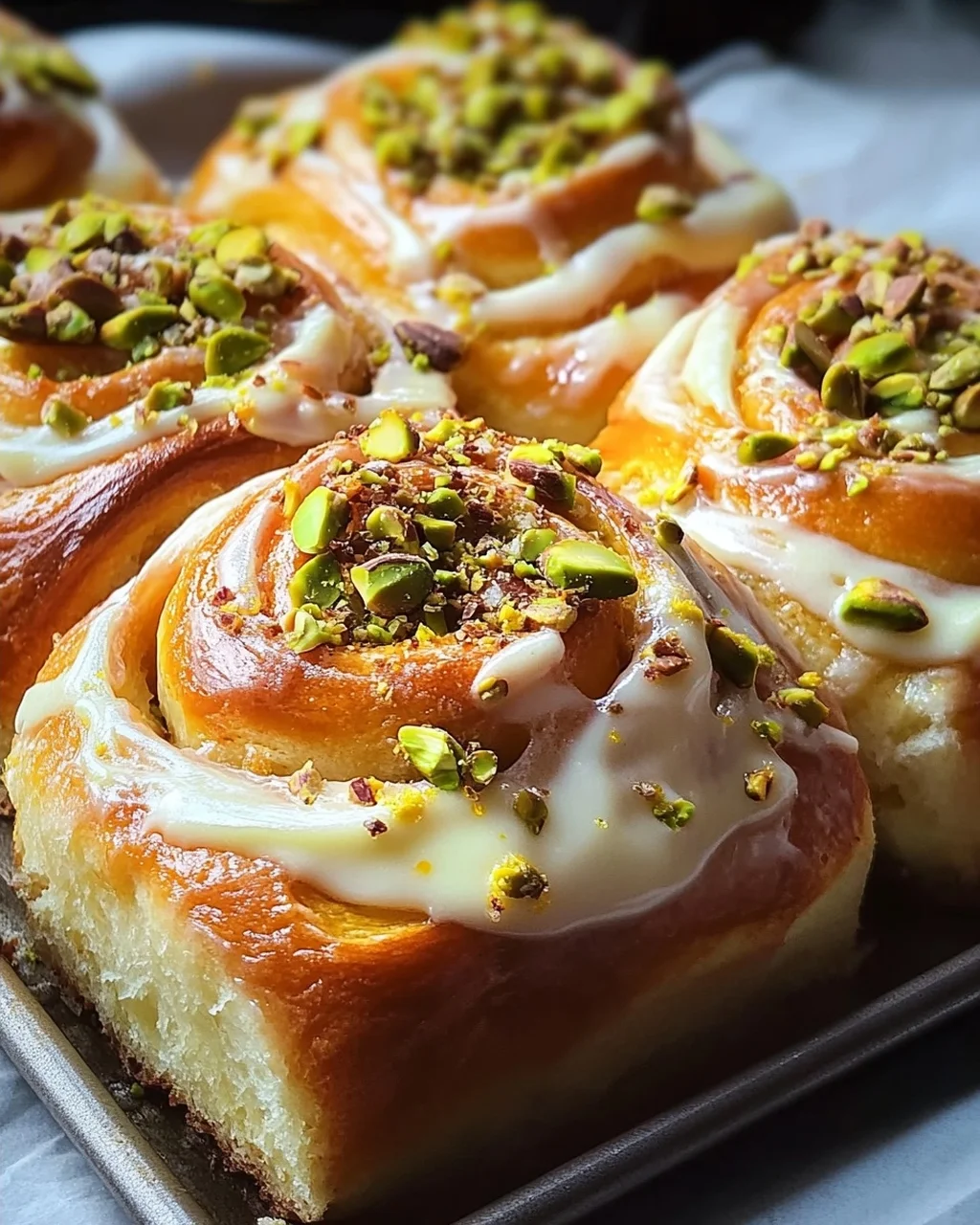 Lockere Pistazien-Heferollen mit Orangen-Frischkäse-Frosting