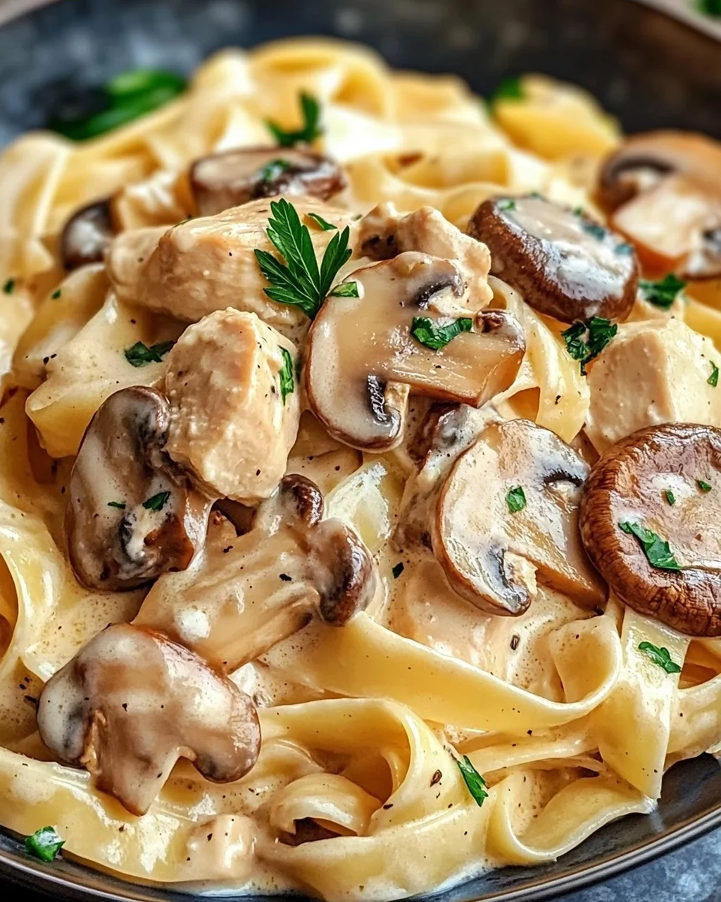 Tagliatelle mit Pilzen und Huhn in Sahnesoße